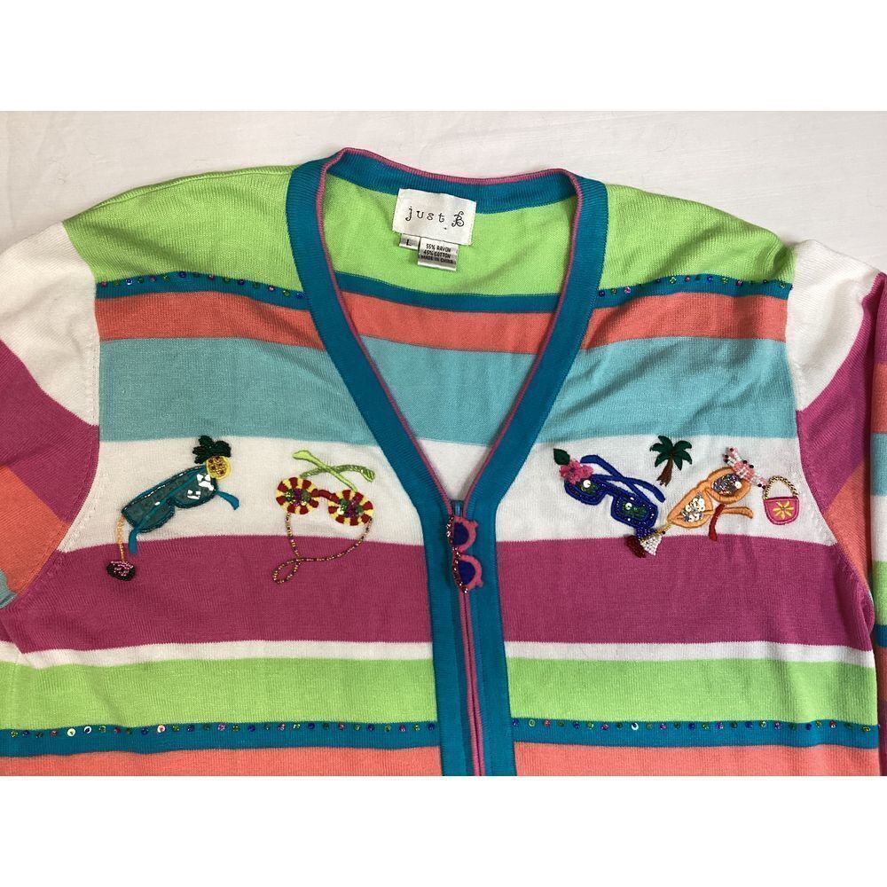 Just B Embellished Cardigan Beach Theme Novelty Colorful Striped L Vinage - Picture 2 of 3